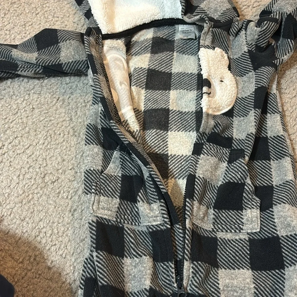 Carters Jumpsuit- Buffalo plaid black and gray with cute little bear- 12 months